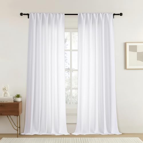 OVZME Extra Wide White Curtains 84 Inches Long 2 Panels Set, Modern Farmhouse Light Filtering Window Drapes, Rustic Textured Rod Pocket Curtains for Living Room Bedroom, 2x52Wx84L Inches