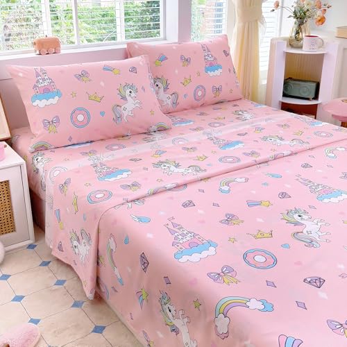 Homilay Full Sheet Set Kids - Pink Unicorn 4 Pieces Soft Microfiber Cartoon Style Bedsheets for Boys Girls Teens, Oeko TEX Breathable 15 Inch Deep Pocket Sheets(Princess Dream)