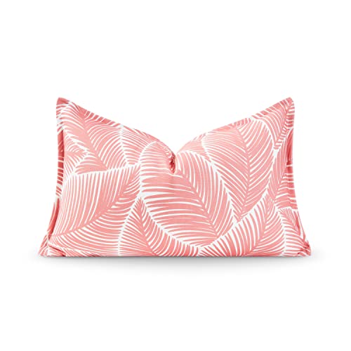 "Hofdeco Premium Coastal Patio Indoor Outdoor Lumbar Pillow Cover Only, 12""x20"" Water Resistant for Backyard, Couch, Coral Pink Palm Leaf"