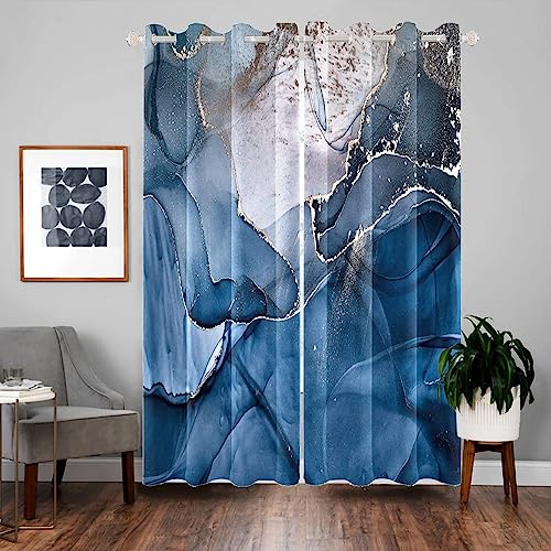 Baocicco Navy Blue Marble Texture Blackout Window Curtains Luxury Marble Gold Cracks Darkenig Drapes with Grommets Modern Abstract Fashion Window Decoration 2 Panels,21x72 Inch