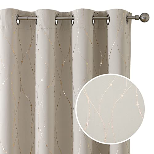 SMILE WEAVER Cream Blackout Curtains 72 Inches Long for Bedroom/Living Room,Soft Thick Thermal Insulated Room Darkening Window Treatment Drapes with Gold Printed Design,2 Panels