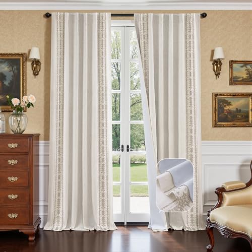 DriftAway Boho Linen Blackout Curtains Double Layer Thermal Insulated Farmhouse Vintage Retro Printed Trim Pattern Lined Drapes for Living Room Bedroom 96 Inches Long Back Tab 2 Panels Beige