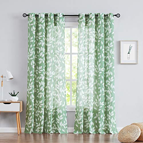 "Treatmentex White Green Curtains for Living Room 84"" Length Leaf Print Semi-Sheer Curtains for Bedroom Windows, Grommet Top, 2 Pack"