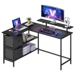 VASAGLE L-Shaped with 2 Spacious Drawers, Gaming Desk with Monitor Stand, Corner, Computer with Adjustable Storage Shelf, for Home Office, Ebony Black LWD098B56