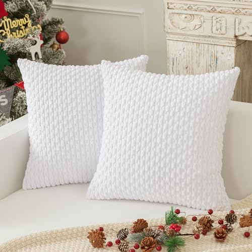 Kevin Textile Pack of 2 Corduroy Decorative Throw Pillow Cushion Covers 22x22 Inch Soft Boho Striped Pillow Covers Modern Farmhouse Home Decor for Spring Sofa Living Room Couch Bed Pure White