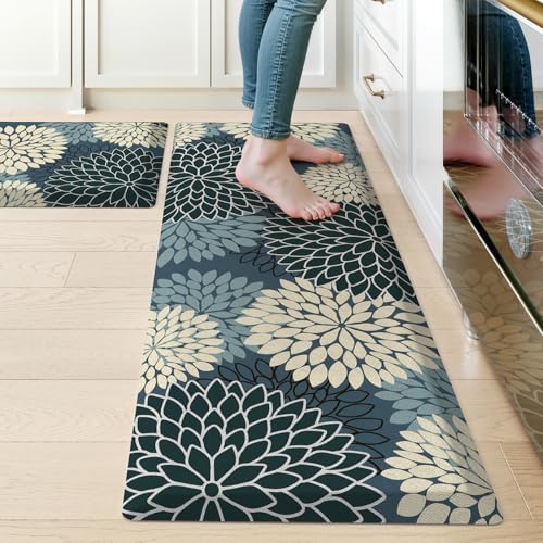 KIMODE Kitchen Mats for Floor Cushioned Anti Fatigue,Boho Floral Kitchen Rugs Sets of 2 Non Slip,Ergonomic Padded Memory Foam Kitchen Floor Mat for Laundry Sink Office Home,Multi Blue