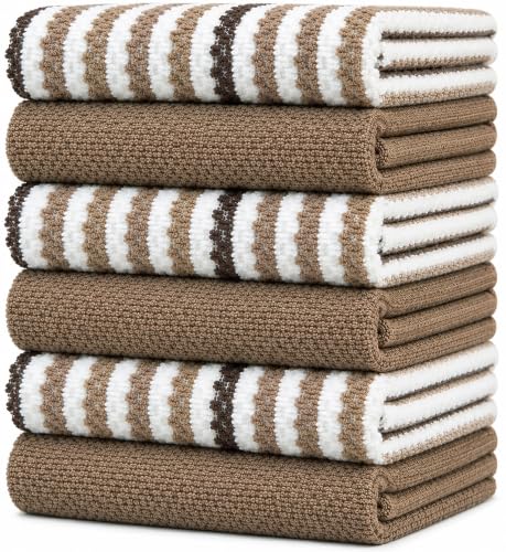 KITCHEN TOWELS (TAN, POPCORN TEXTURE COTTON) - Wide Stripes - 430 GSM Soft Kitchen Hand Towels with Hanging Loop, Highly Absorbent & Durable for Washing and Drying Dishes