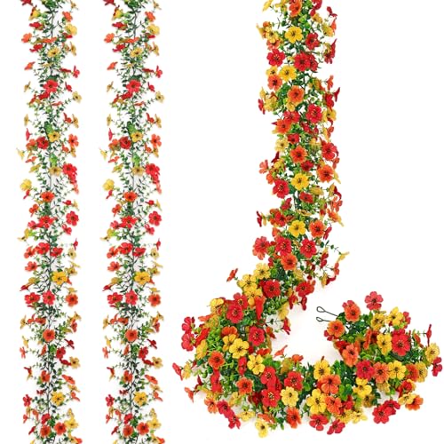 MEIVINES 2 Pack 5.7 FT Artificial Flower Garland,Fake Daisy Vines Silk Flowers Faux Plastic Outdoor Hanging Floral Ivy Garland Decoration for Wedding Arch Wall Backdrop Room Decor (Red Orange Yellow)