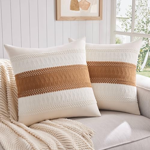 ZeeMart 2 Pack Boho Throw Pillow Covers, Contrast Caramel 24x24in - Soft Breathable Cotton, Farmhouse Decorative Couch Pillow Cases, Cushion Covers for Sofa Bed Living Room Home Decor