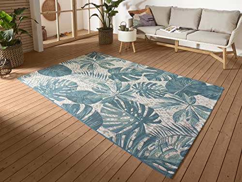 HANSE Home Tropical Leaves Indoor & Outdoor Rug - Flat Weave Outdoor Rug, Jungle Palm Trees Leaves Design, Oeko-Tex Weatherproof & UV Resistant for Balcony, Patio, Garden, Turquoise, 120 x 180 cm