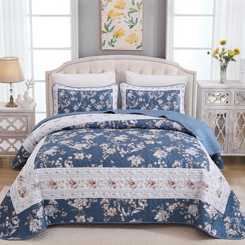 "Xruibed Navy Blue Quilt Set King Size, 3PCs Antique Rose Navy Quilt Coverlet Set, Lightweight Soft Microfiber Floral Bedspread with 2 Pillowcases for All Season (King Size 110""x90"")"