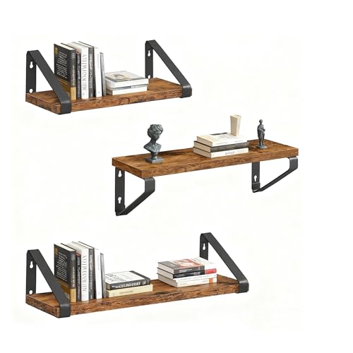 Relaxdays Wall Shelf Set of 3, Wood & Metal, 30/35/40 cm, for Books & Decor, Brown