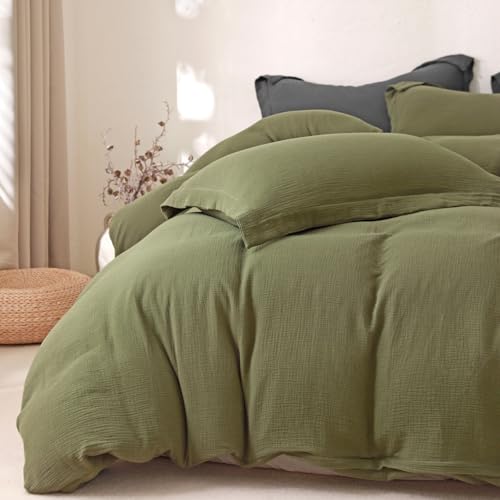 "MorroMorn Muslin Duvet Cover King Size, Ultra Soft 100% Cotton Comforter Cover Set, 3 Pieces 2-Layer Gauze Duvet Cover with 2 Pillowcases, Breathable Lightweight Linen Like, 90""x104"", Olive Green"