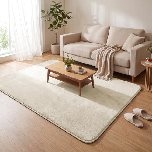 VOUNOT® Fluffy Rugs for Living Room and Bedroom, Soft Shaggy Floor Carpets with Non Slip Backing & Extra Underlay, Machine Washable, Large Area Rug, Modern & Cosy Home Decor, 140x200cm, Beige