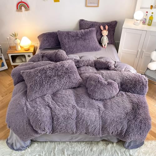 chovy Faux Fur Plush Purple Comforter Sets Twin/Full Size - Ultra Soft Shaggy Flannel Velvet Fluffy Fuzzy 3PC Bedding Set (Comforter x 1 Pillowcases x 2)