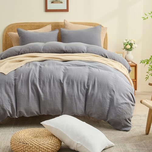 MEISHANG Muslin Duvet Cover King Size - 100% Organic Cotton, Soft Textured Gauze Weave Duvet Cover for Breathable All-Season Oeko-Tex Certified - 3 Piece Set (King, Dark Grey)