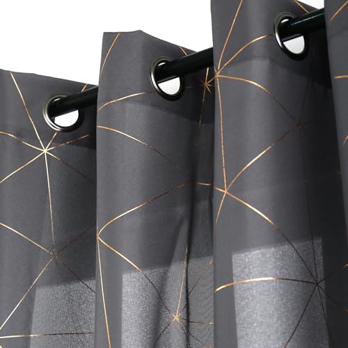 Taisier Home Gold Geometric Line Grommet Top Curtains, Lightweight Semi Sheer Light Filtering Window Drapes with Printing Design, Soft Grey, W52 x L63 Inch, 2 Panels