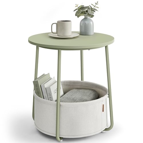 VASAGLE Side Table, Round End Table with Fabric Basket, Spacious, for Living Room Bedroom, Bedside Table, Modern Style, Laurel Green and Cream White LET223C69