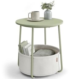 VASAGLE Side Table, Round End Table with Fabric Basket, for Living Room Bedroom, Modern Style, Laurel Green and Cream White LILEA Collection LET223C69