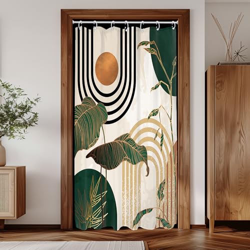 Glawry Small Stall Green Boho Mid Century Shower Curtain Abstract Retro Tropical Palm Tree Plant Sun Arch Minimalist Bathroom Modern 36Wx72L Inches Bath Accessories Art Home Decor Fabric 7 Pack Hooks