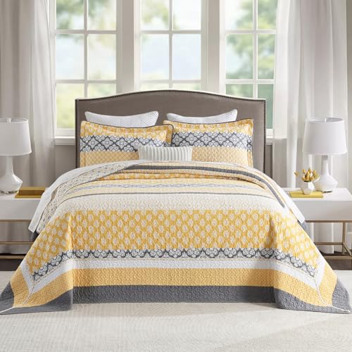 "FineStichery Oversized Quilt Bedspread 120""x102"", 100% Cotton Floal Bedspreads Coverlet Sets with Pillow Shams, Lightweight Farmhouse Reversible Bedding Cover, 3 Piece, Yellow/Gray"