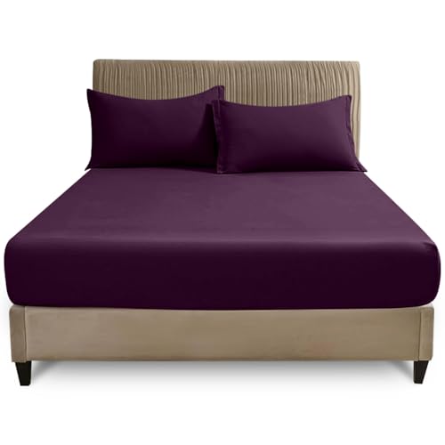 GC GAVENO CAVAILIA Polycotton Single Fiited Sheet (90x190 cm) - Easy Care 25 Cm Deep Plain Bed Linen Bed Sheet - Hypoallergenic Fade Resistant Bottom Sheet - Elastic Corner, Berry