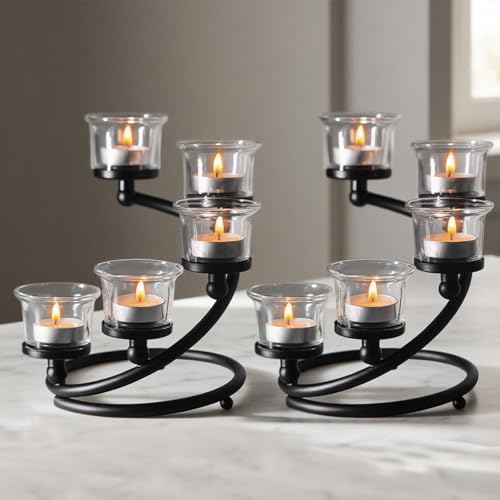 Kolnlala 2Pcs Black 5-arm Metal & Glass Tea Light Candle Holders for Table Centerpiece, Glass Votive Tealight Holders/Candelabra Candlestick Holders for Wedding,Party, Anniversary,Christmas