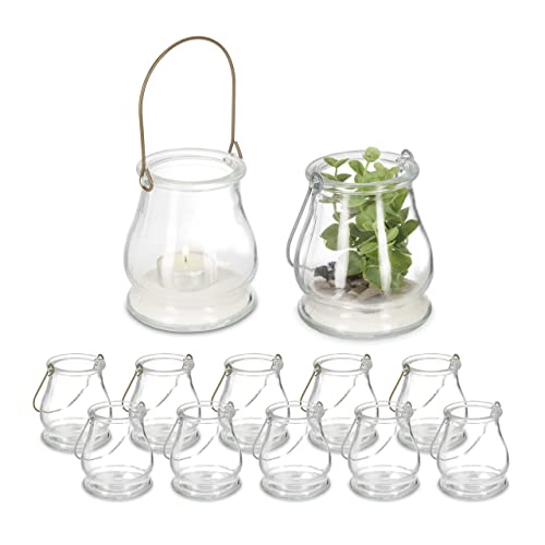 Relaxdays Candle Lanterns, Set of 12, Glass, Silver & Gold Handles, Indoor, Outdoor Tealight Holders, 10 x 8.5 cm, Clear