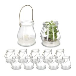 Relaxdays Candle Lanterns, Set of 12, Glass, Silver & Gold Handles, Indoor, Outdoor Tealight Holders, 10 x 8.5 cm, Clear