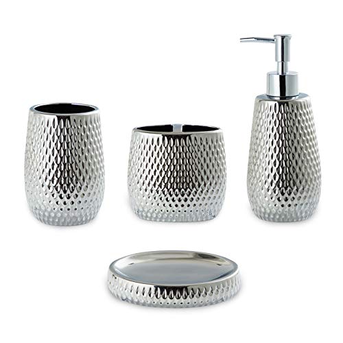 Silver Bathroom Accessory Set 4 Piece Ceramic Bath Accessories Sets Complete, Rain- Drop Shaped Bathroom Essential with Toothbrush Holder & Dish, Tumbler, Soap Dispenser Set for Bath Decor