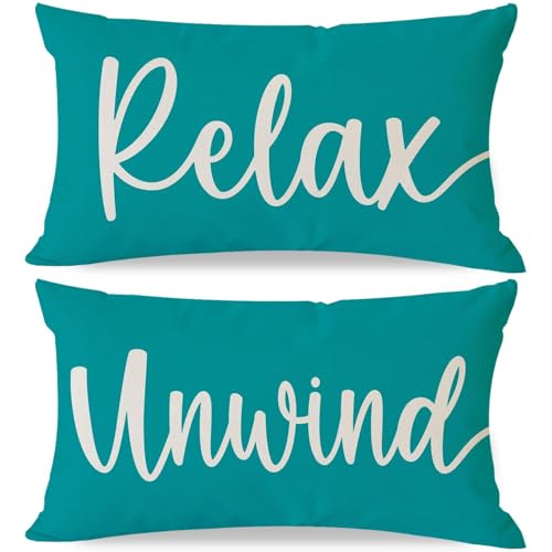 HERHOME Decorative Throw Pillow Covers 12x20 Inch Set of 2 Relax Unwind Teal Outdoor Spring Summer Front Porch Patio Decor Lumbar Cushion Case Decoration for Home Sofa Couch Living Room