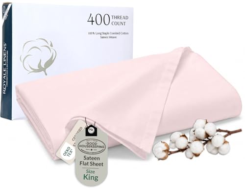 Royale Linen 400 Thread Count 100% Cotton Flat Sheets Only - Cooling Sheets - King Flat Sheets Only Sold Separately - Luxury Sateen Weave - Breathable & Super Soft Top Sheet Only (King, Kyoto Blush)
