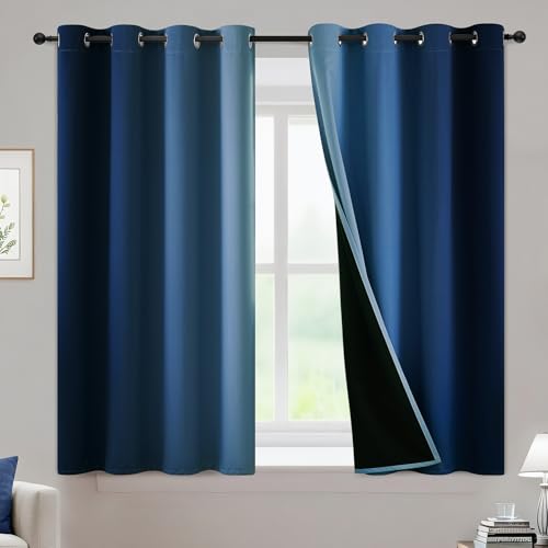 Yakamok 100% Blackout Blue Curtains 45 inches Long for Living Room - Room Darkening Ombre Curtain for Bedroom Grommet Light Blocking Thermal Insulated Gradient Drapes???2 Panels???52W x45L