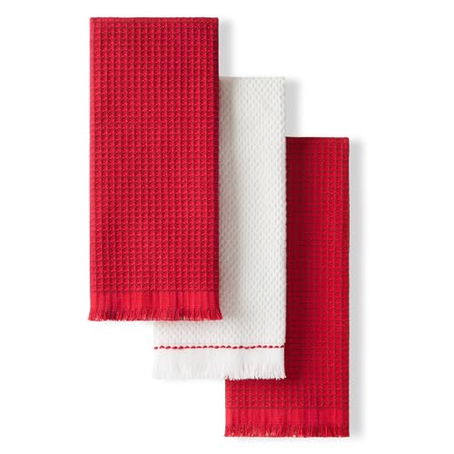 "KitchenAid Gourmet Series Gridlines Kitchen Towels 3-Pack Set, 100% Cotton Absorbent, Passion Red, 18""x28"""