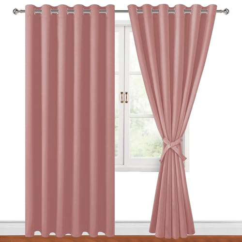 Hiasan Room Darkening Curtains for Bedroom, 70 x 84 Inches - Thermal Insulated & Energy Saving Window Drapes for Living Room/Dorm Room, Set of 2 Panels Sewn with Tiebacks, Dusty Rose