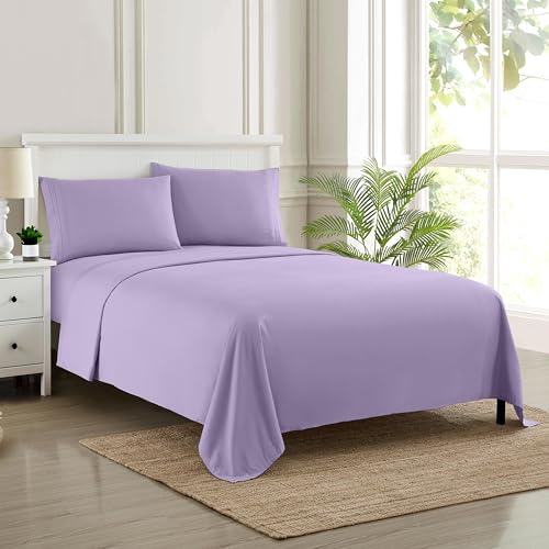 Sweet Home Collection Luxury Bedding Set with Flat, Fitted Sheet, 2 Pillow Cases, Microfiber, Lavender, Queen