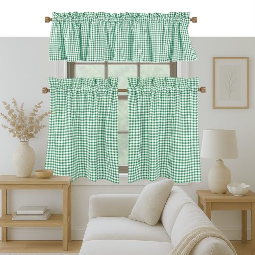 "Native Fab 3 Pieces Window Curtain Tiers 26""""x36"""" and Valance 54""""x18"""" Set - Mini Check Vintage Kitchen Tiers and Valance Set Rod Pocket - Lemon Green, 57584"