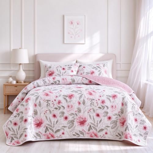 "Flysheep Botanical Quilt Set Twin Size 2 Pieces, Blush Pink and Grey Flowers Printed Elegant Floral Summer Bedding Set, Soft Microfiber Lightweight Bedspread/Coverlet for All Season - 68""x86"""