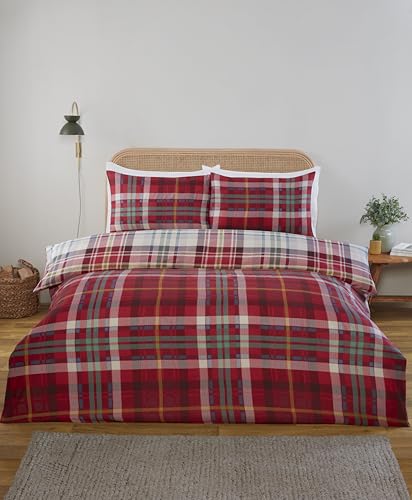 Rapport Home Regalia Plaid Bedding Set – Double - Reversible Tartan Check Duvet Cover with Matching Pillowcase & Fitted Sheet - 4 Pieces - Red - Polyester Microfibre