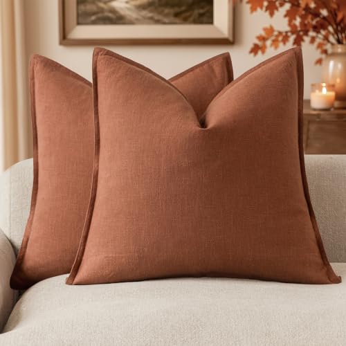 Foindtower Pack of 2, Decorative Linen Soild Throw Pillow Covers Soft Accent Cushion Case Farmhouse Neutral Pillowcase for Chair Couch Sofa Bedroom Living Room Home Decor 16 x 16 Inch Fall Rust Orange