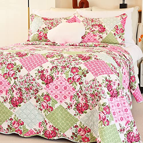 Cmfshape Summer Floral King Quilted Bedspread,Romantic Pink Quilt Set,Reversible Stitched Bedding Set All Season,Soft Lightweight Coverlet with Pillow Cases (Pink&Green, King102 x90)