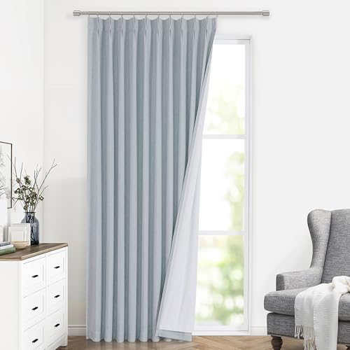 "Vision Home Blue Fog Pinch Pleated Full Blackout Curtains Linen Blended Room Darkening Window Curtains 112 inch for Living Room Bedroom Thermal Insulated Pinch Pleat Drapes with Hooks 60"" Wx112 Lx1"