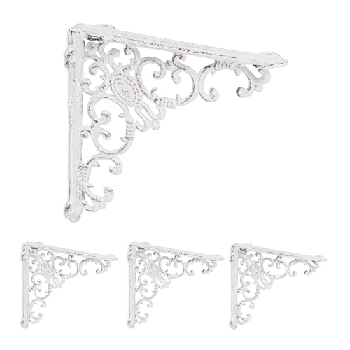 Relaxdays Shelf Brackets, Set of 4, Cast Iron, Antique Style Supports, for Wall-Mounted Shelves, 21.5x4x21.5 cm, White