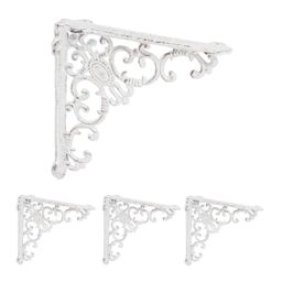 Relaxdays Shelf Brackets, Set of 4, Cast Iron, Antique Style Supports, for Wall-Mounted Shelves, 21.5x4x21.5 cm, White
