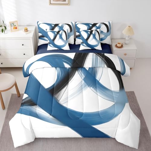 Erosebridal Abstract Navy Blue 7 Piece Comforter Set King Bed in A Bag Geometric Minimalist Lines Bedding Set Modern Ink Painting Stripes Quilt Simple Aesthetic Fashion Neutral Sheet Set for Men