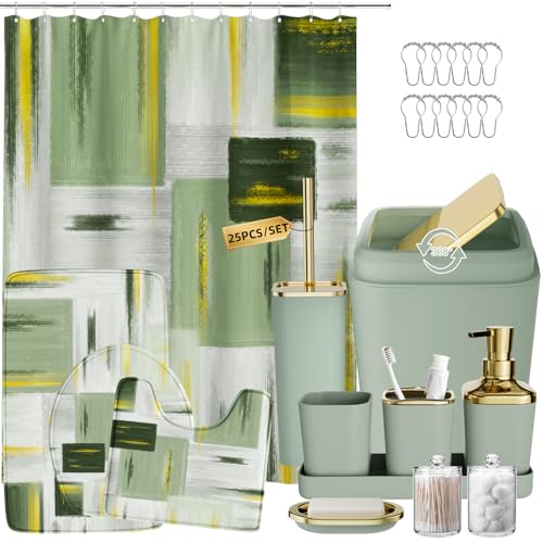 XLHOMO Bathroom Set - Sage Green Bathroom Accessories Set, Bathroom Sets with Shower Curtain and Rugs, Sage Green Shower Curtain Set with Bathroom Trash Can, Soap Dispenser, Soap Dish for Home Decor