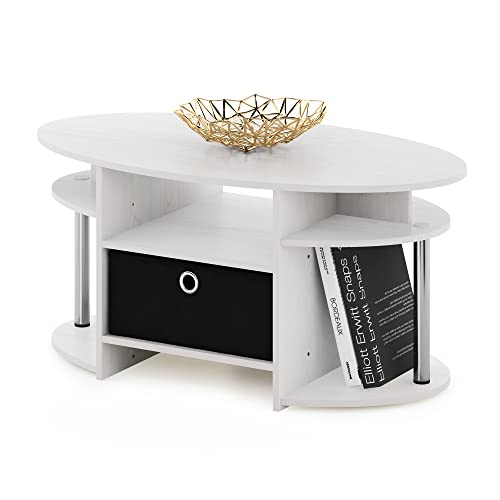 Furinno JAYA Coffee Table, Oval Modern Coffee Table with Shelves and Storage Bin, Side Table, for Living Room, Bedroom, Home Office, White Oak/Stainless Steel