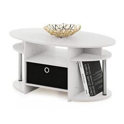 Furinno JAYA Oval Side Table with Storage Bin, White Oak/Stainless Steel