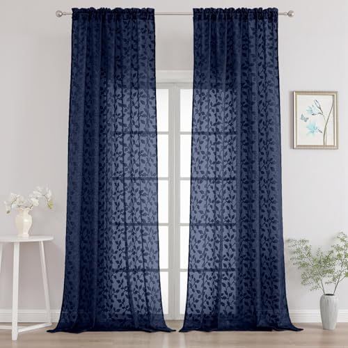 "Chyhomenyc Extra Long Navy Blue Sheer Curtains 120 Inch Length 2 Panels Set, Light Filtering Tufted Textured Soft Airy Rod Pocket Gentle Leaf Window Treatment Drapes for Living Room, 52""Wx120""L, 2PCS"