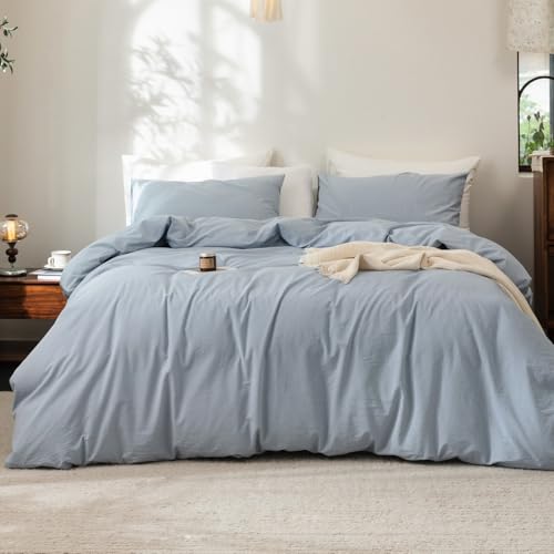 FOSSA Duvet Cover Set 100% Washed Cotton Linen Feel California King - Super Soft Breathable Lightweight & All Season Bedding Set with Hidden Zipper & 8 Corner Ties (Cornflower Blue)